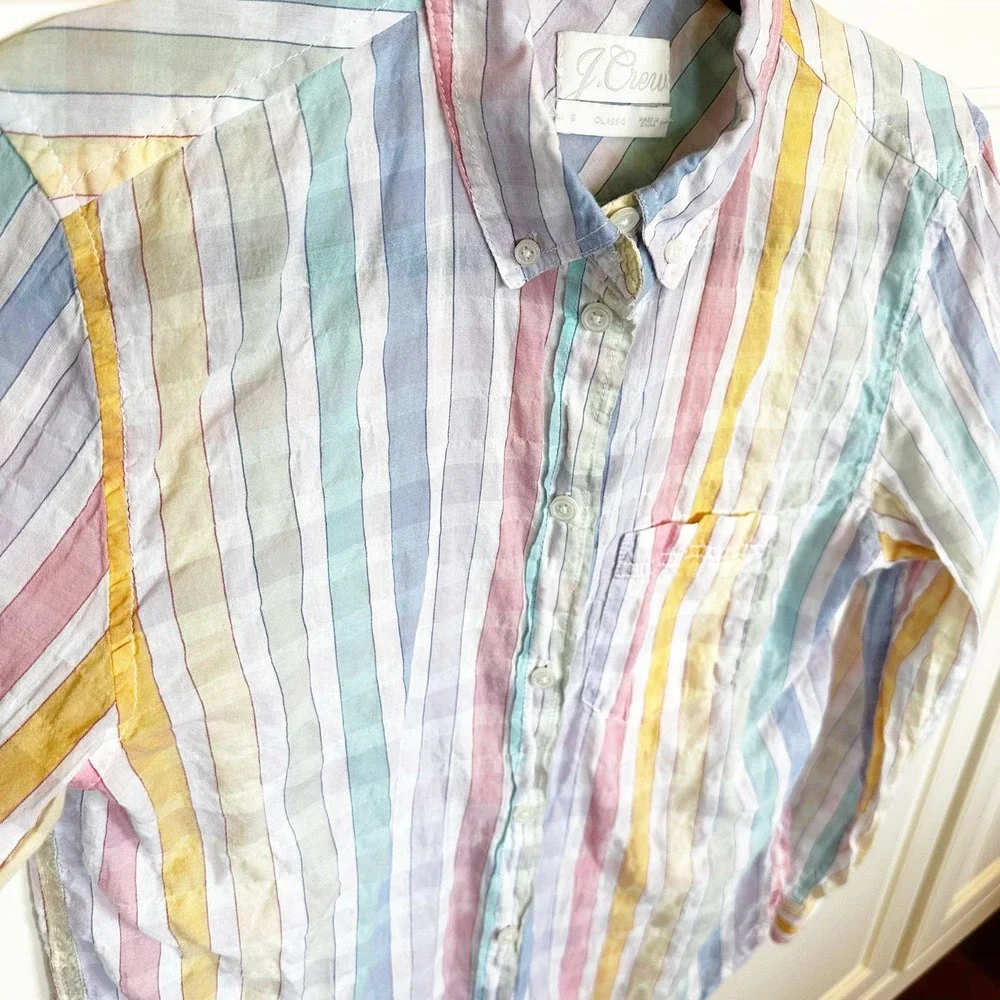 J.Crew Women’s Classic Fit  Pastel Rainbow Crinkle Gingham Button Front Gauzy - Picture 6 of 12